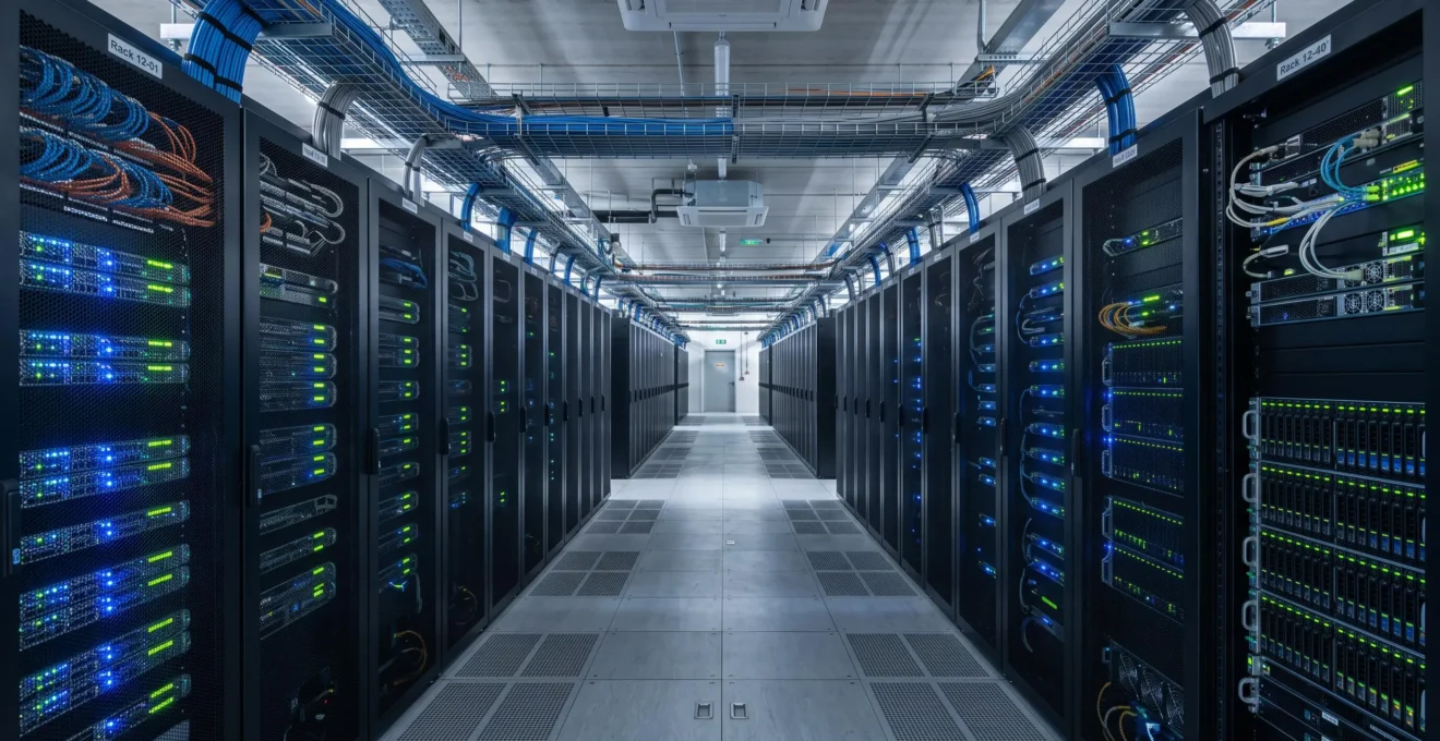 Perspective sur des rangées de baies de serveurs en fonctionnement dans un datacenter, montrant l'infrastructure physique du cloud