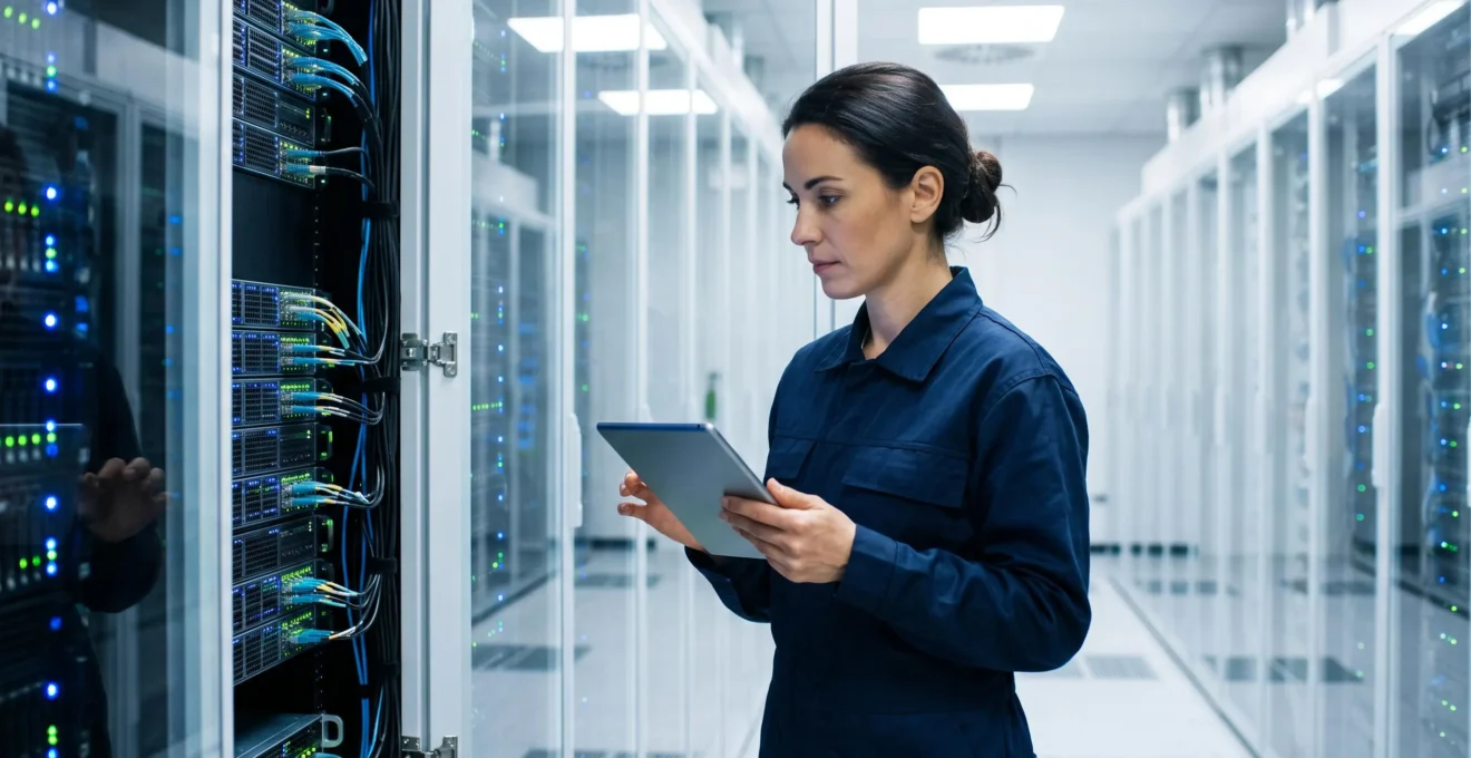 Technicien réseau supervisant des baies de serveurs illuminées dans un datacenter lors d'une maintenance automatisée