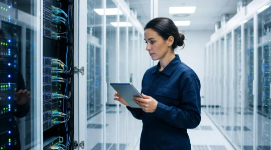 Technicien réseau supervisant des baies de serveurs illuminées dans un datacenter lors d'une maintenance automatisée