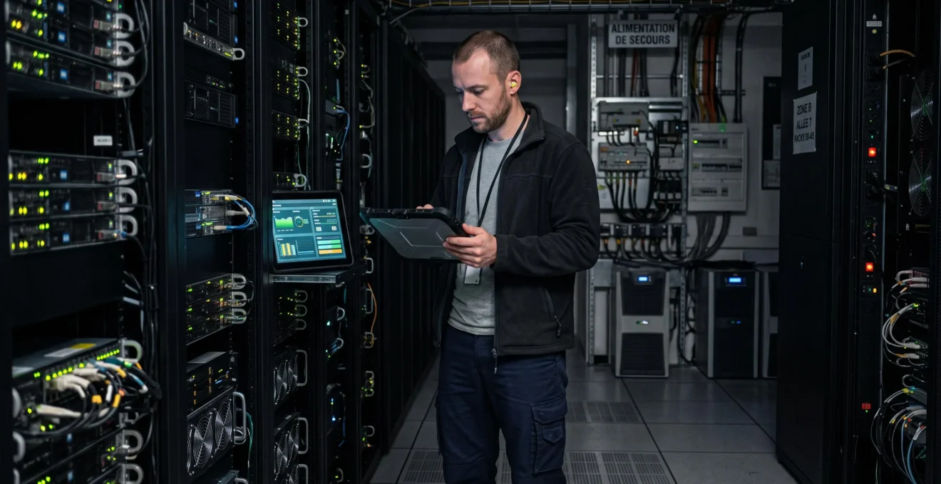 Technicien datacenter effectuant une supervision nocturne des équipements réseau et systèmes redondants avec une tablette de diagnostic