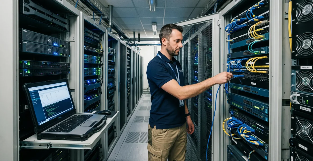Un ingénieur branche un câble réseau dans une baie de serveurs d'une salle informatique.