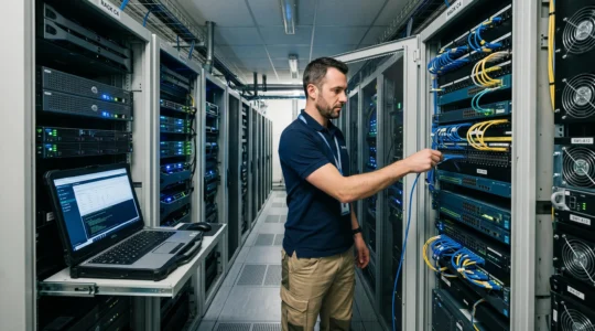 Un ingénieur branche un câble réseau dans une baie de serveurs d'une salle informatique.
