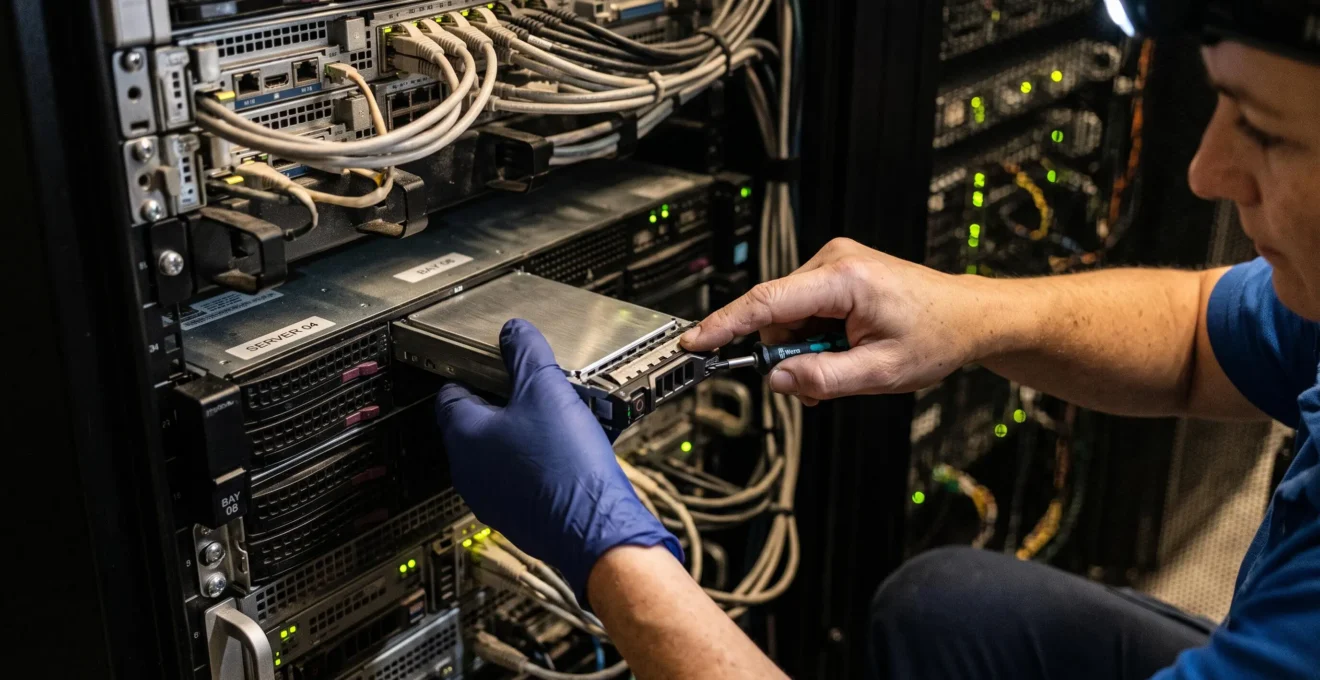 Les mains d'un technicien remplacent un module dans une baie de serveurs.